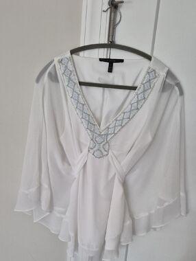 White House Black Market White Beaded V-Neck Flutter Blouse